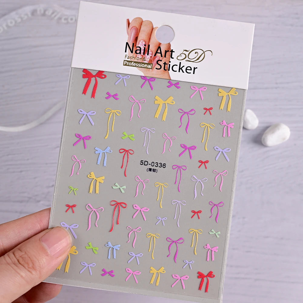 5D Pink & White Bowknot Nail Stickers β Self-Adhesive Kawaii Ribbon Nail Art Decals for DIY Manicure & Nail Decoration