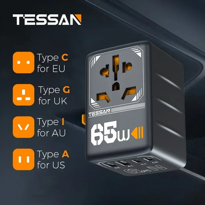 TESSAN 65W GaN International Travel Adapter β USB Type-C Universal Power Adapter with EU/UK/USA/AUS Plugs