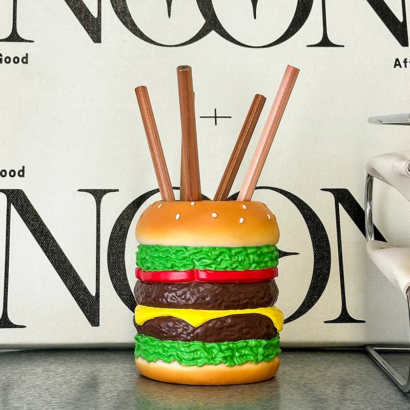 Miniso Cute Burger Pen Holder — Fun Desktop Organizer for Pens, Bedroom Desk Decoration, and Gift for Friends