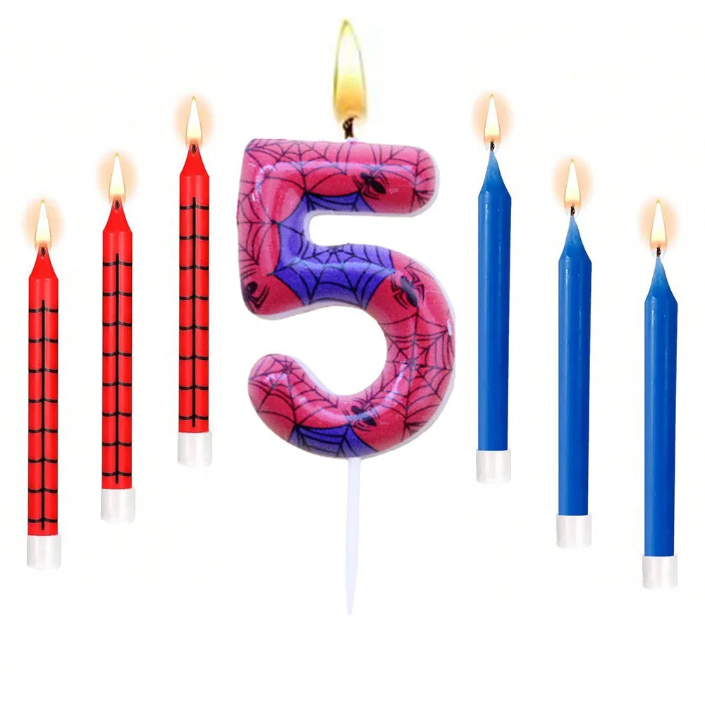 7Pcs Spider-Themed Number 4 Birthday Candles – Red & Blue Cartoon Cake Topper Decorations for Kids Party Supplies