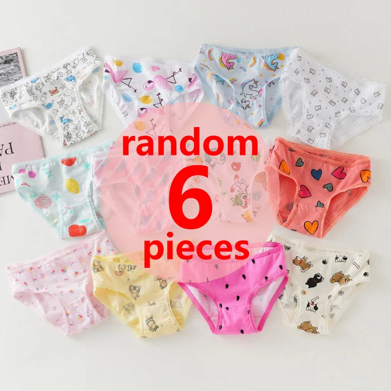 3/6/9/12 Pcs Cotton Girls Kids Underwear - Cute Cartoon Print Briefs with Lace Trim Soft Children Short Panties