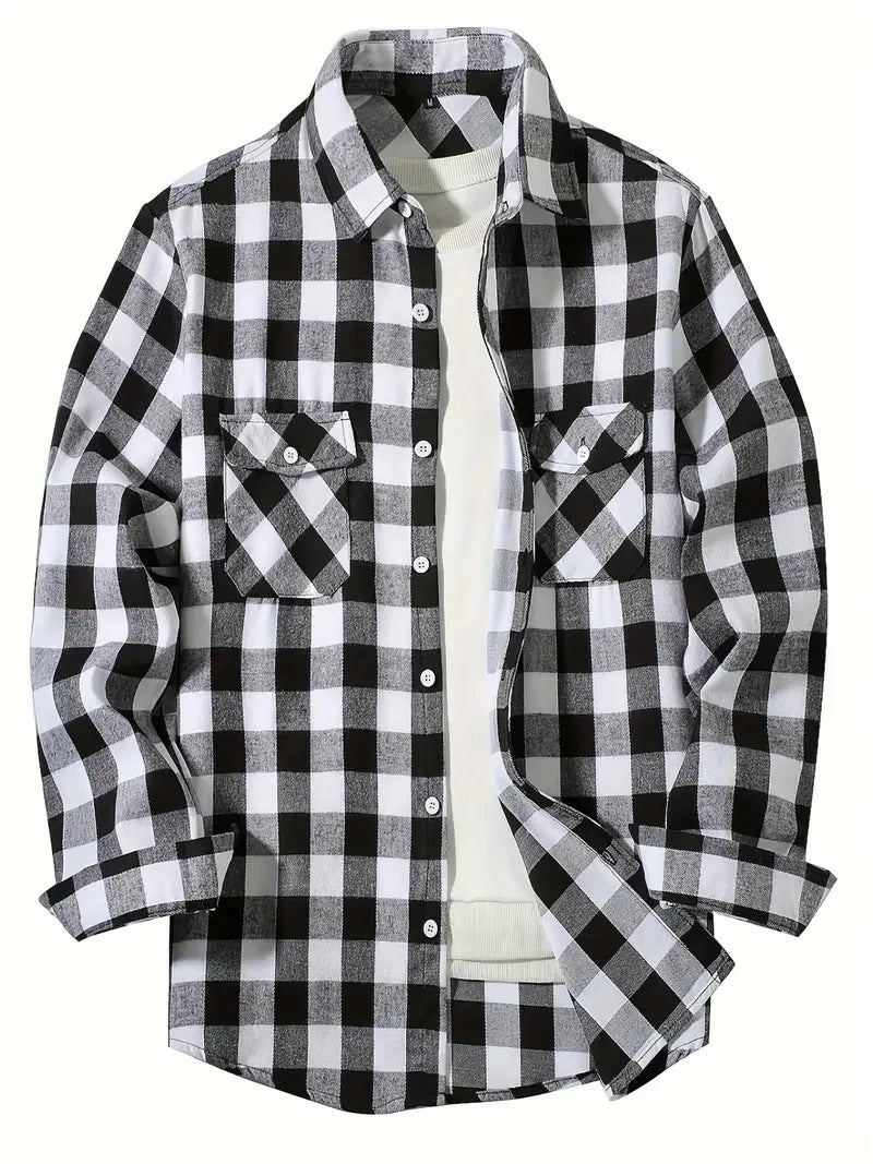 Men’s Brushed Cotton Flannel Shirt - Red Plaid Long Sleeve Business & Casual No-Iron Top