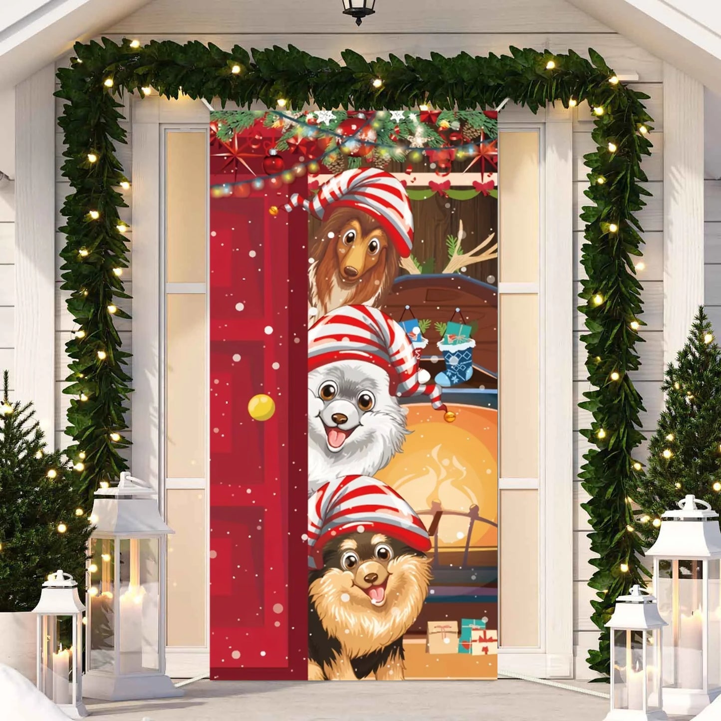 Cute Animals Christmas & New Year Door Cover β Dog, Cat, Snowman, Gingerbread Man Holiday Outdoor Winter Decoration Gift