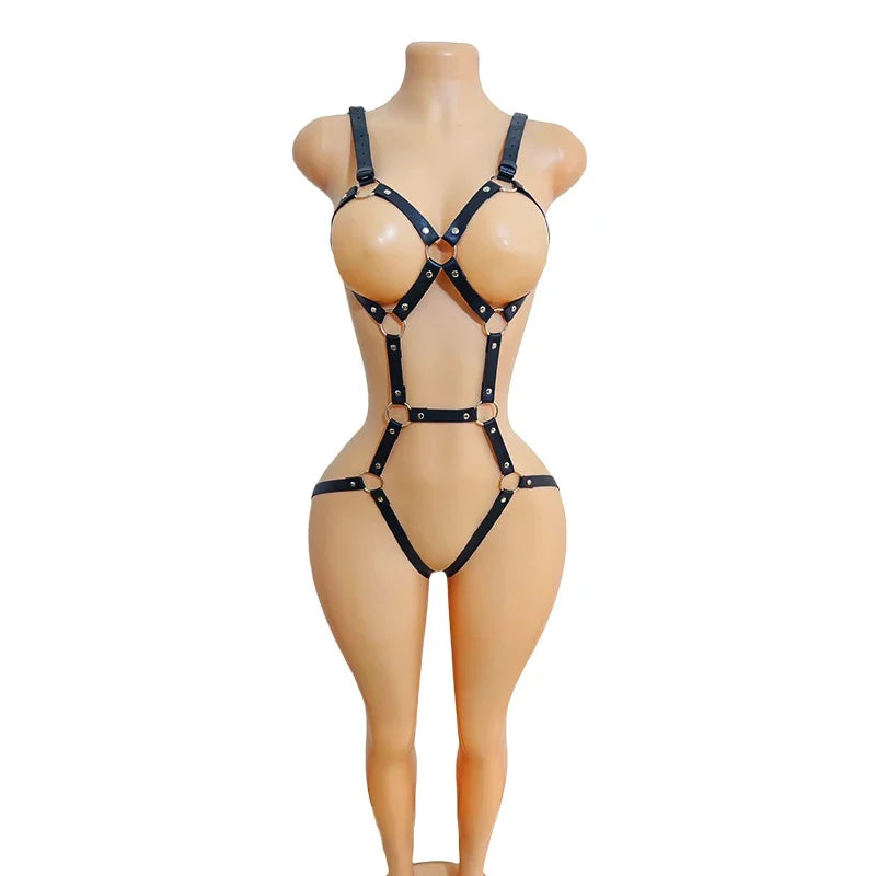 Women Black PU Leather Punk Lace-Up Bodysuit – Adjustable One-Piece Tight-Fit Fashion Harness Accessory