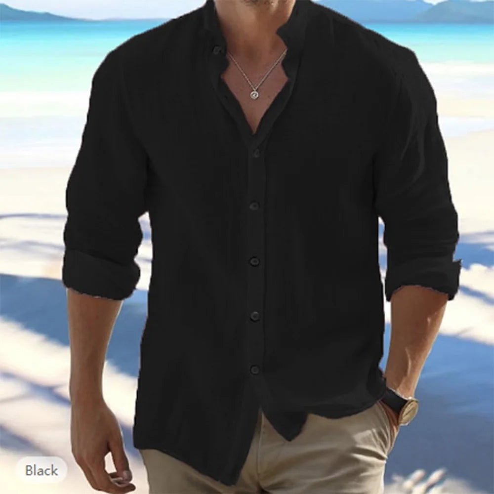 Men's Cotton Linen Long Sleeve Shirt - Solid Color Stand Collar Casual Beach Style Plus Size Summer Top