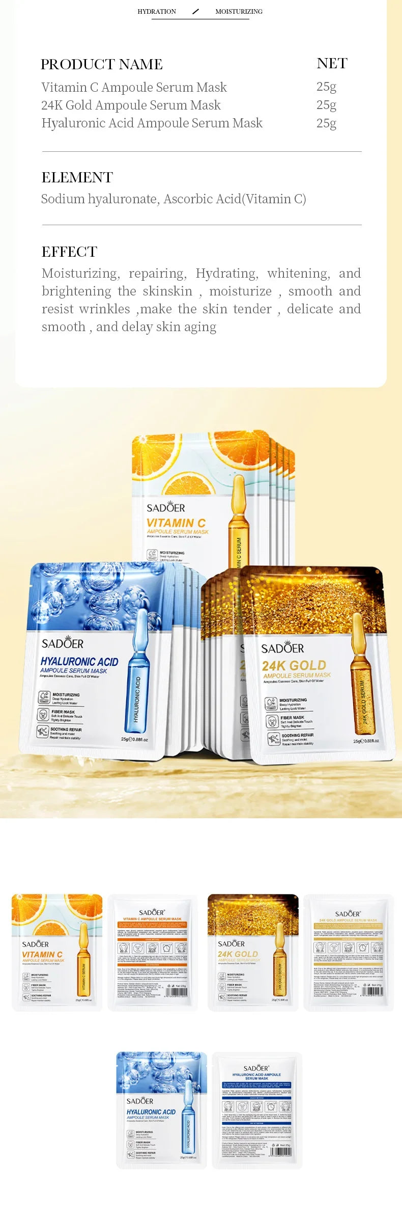 15pcs 24K Gold Hyaluronic Acid Face Mask, Firming, Moisturizing, Anti-Wrinkle, Whitening Skin Care Masks