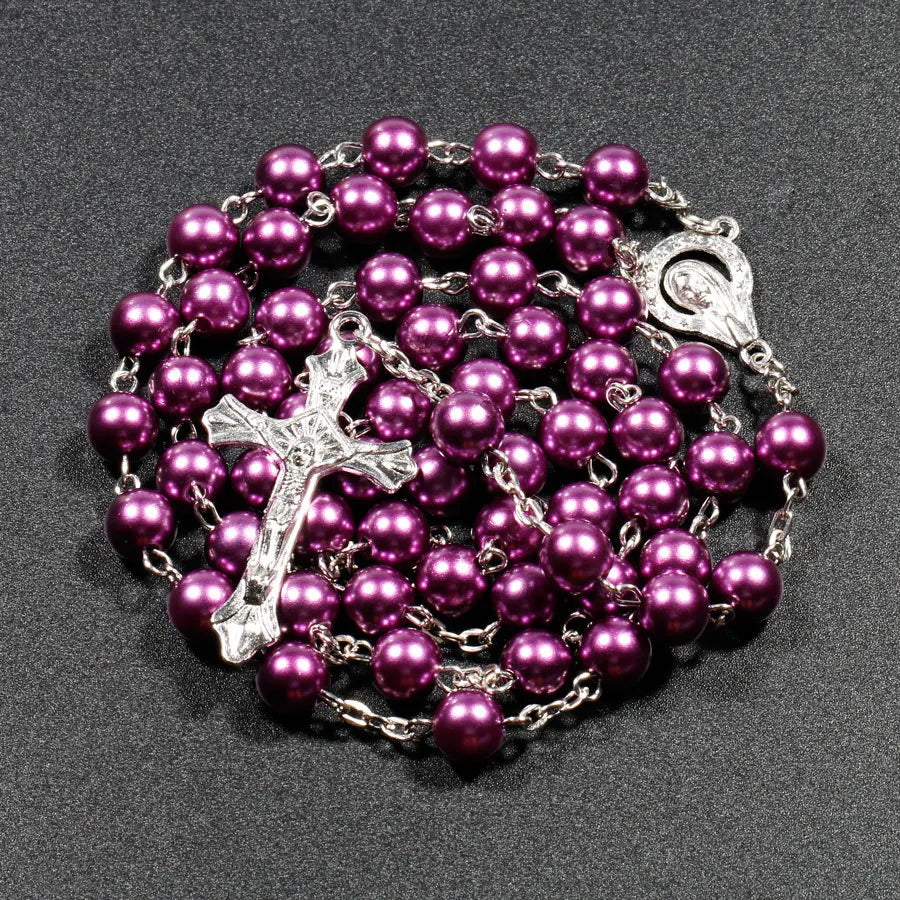 Faux Pearl Rosary Necklace β Virgin Mary & Jesus Cross Pendant Long Bead Chain Religious Fashion Jewelry for Women