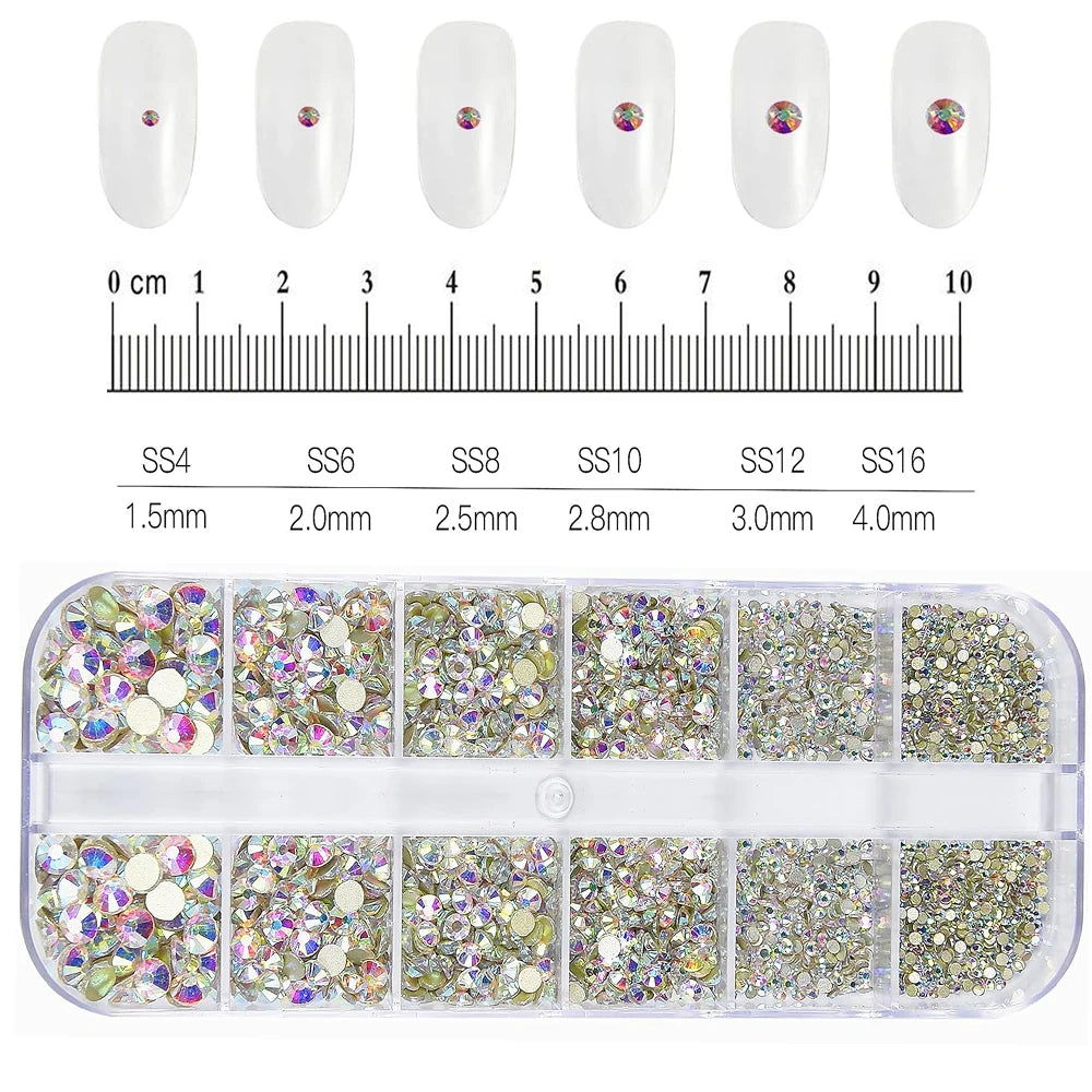 12-Grid 3D Glass AB Crystal Nail Art Rhinestones Kit – Flatback Round Beads with Tools for Nail Jewelry & Diamond Decoration