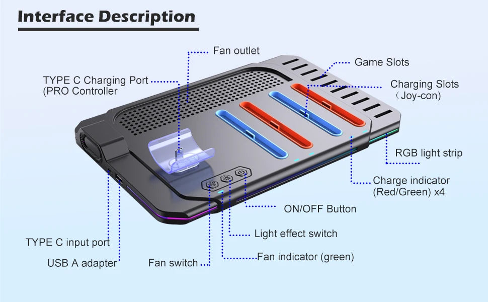 Multi-Functional Switch 2 Cooling & Charging Stand SW2139 – Fan, 10 Game Card Slots & 9 LED Light Effects