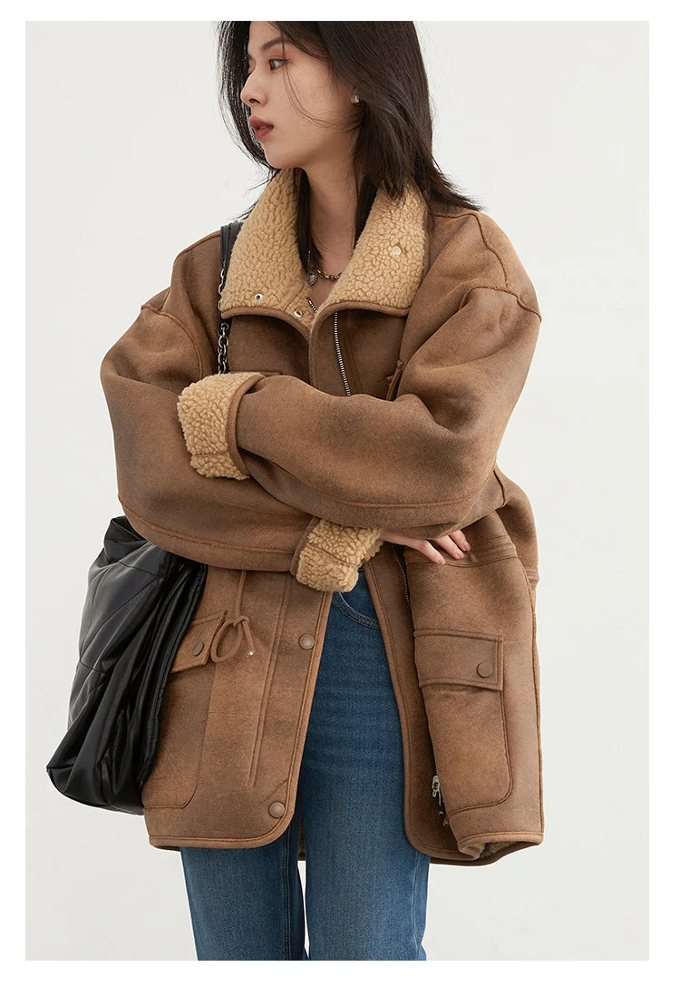 CHIC VEN Women's Reversible Jacket – Thick Suede, Motorcycle Style, Loose Fit Winter & Autumn Outerwear 2023