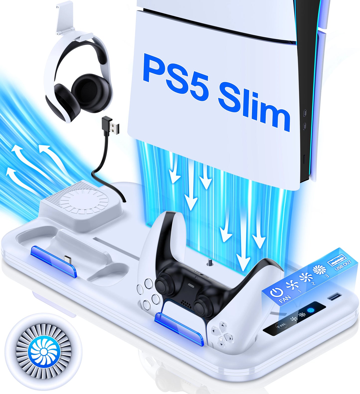 DinoFire PS5 Slim Cooling & Charging Stand – Vertical Fast Controller Charging Station for Disc & Digital PlayStation 5 Console