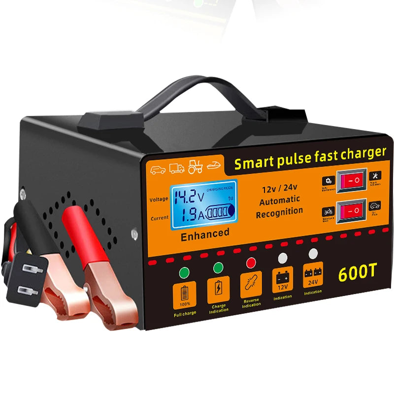 12V/24V Intelligent Car Battery Charger β Automatic Pulse Repair with LCD Display, Voltage & Temperature Detection, High Power Maintenance System