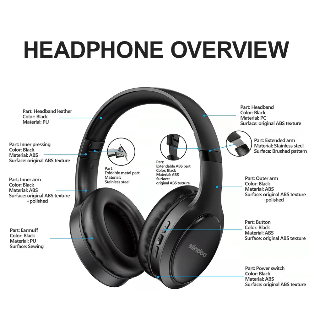 Siindoo JH-919 Wireless Bluetooth Headphones - Foldable Stereo Earphones with Super Bass, Noise Reduction, and Mic for iPhone, Laptop, PC, TV