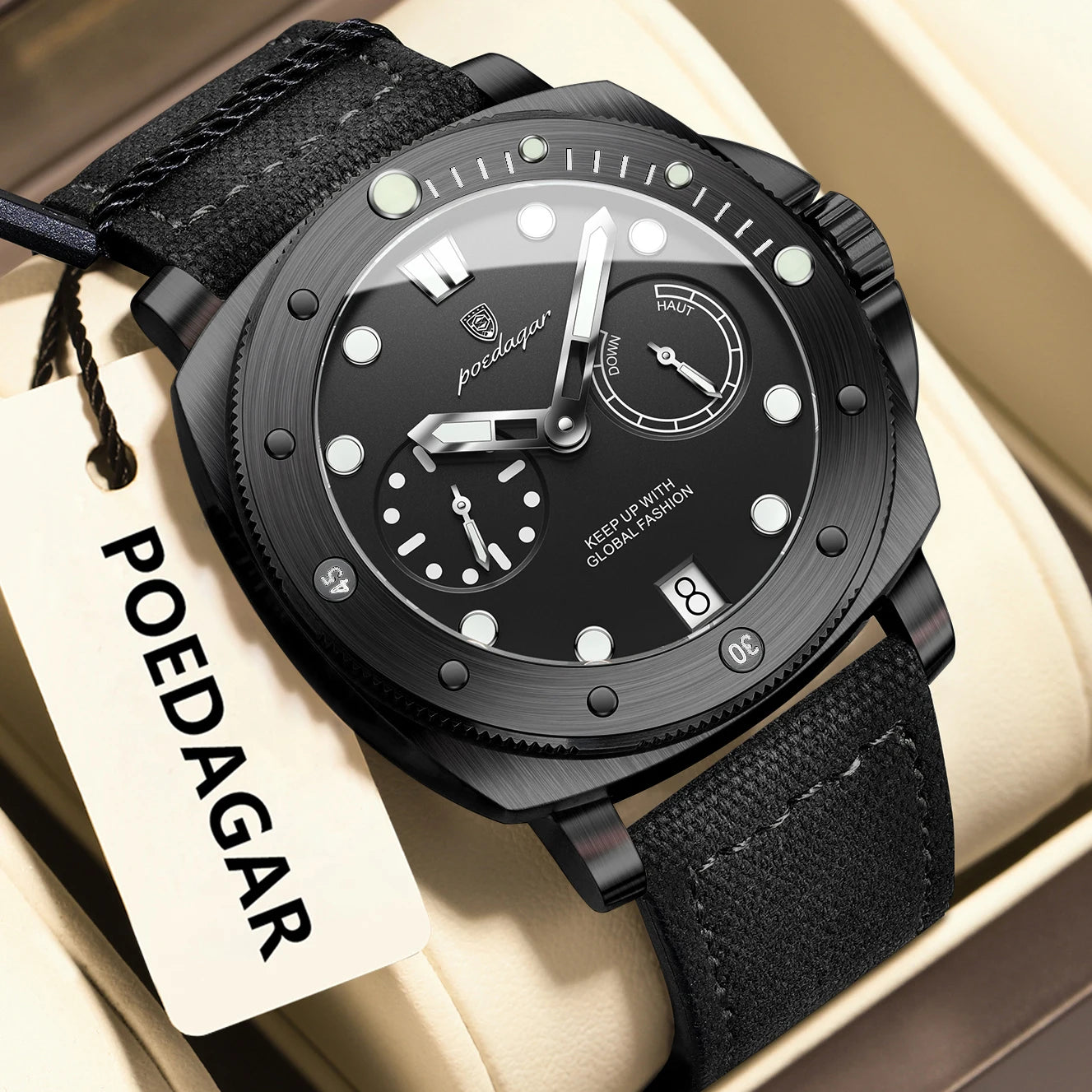 POEDAGAR Men’s Military Watch – Waterproof Luminous Quartz Watch with Date, Nylon & Leather Strap, Fashionable Men’s Timepiece