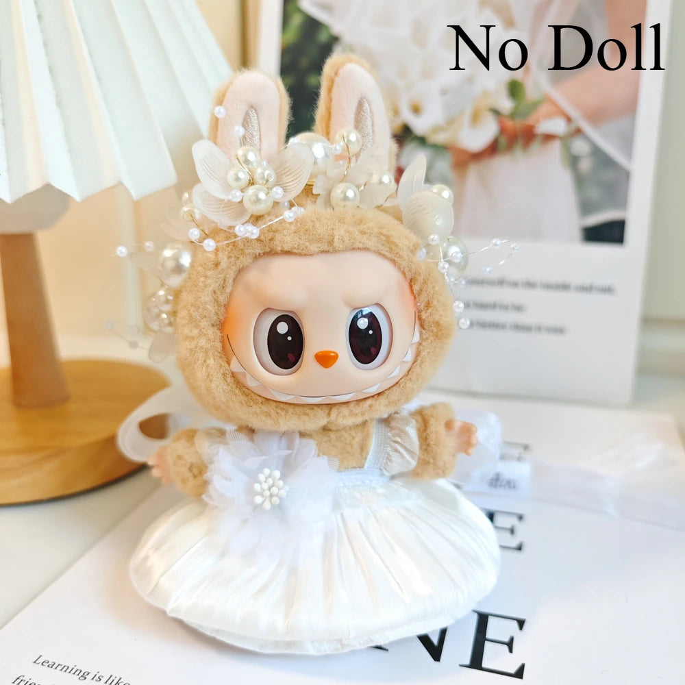 Mini Plush Doll Clothes Bud Skirt with Pearl Hair Accessory — Labubu I & II Kpop Idol Doll DIY Outfit Gift