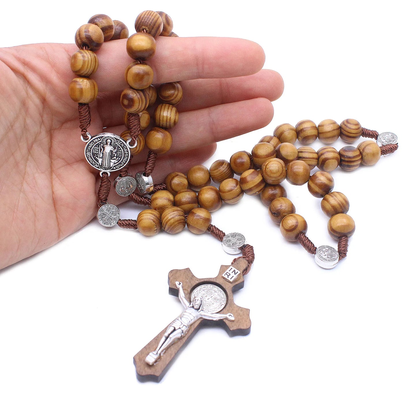 Wooden Antique Cross Rosary Necklace – Saint Benedict Jesus Beaded Handmade Pendant Jewelry for Men & Women Religious Gift Accessories