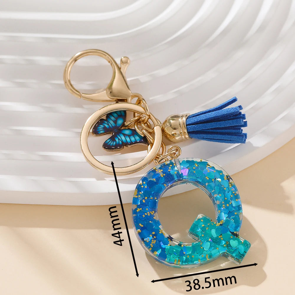 Royal Blue Butterfly Initial Keychain - Alloy Alphabet Letter & Tassel Backpack Charm