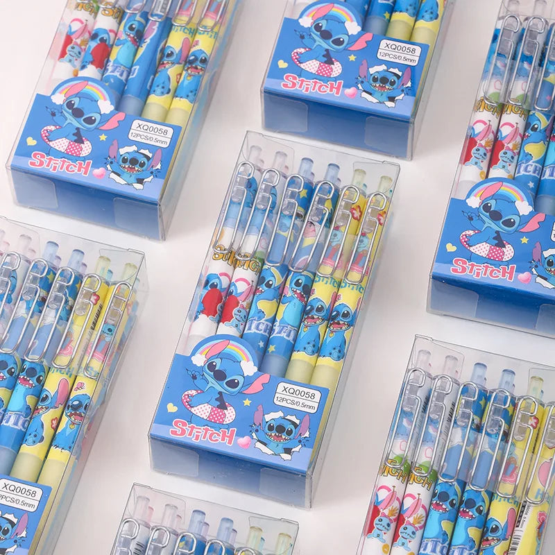 Disney 12pcs Stitch Gel Pens - Cute Cartoon 0.5mm Black Ink Pressing Pen, Stationery Gift for Students & Kids