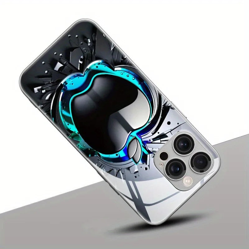Black Grey Apple Pattern Glass Phone Case - Electroplated Protective Cover for iPhone 11-18 Pro Max, Plus, 16E & 17 Air