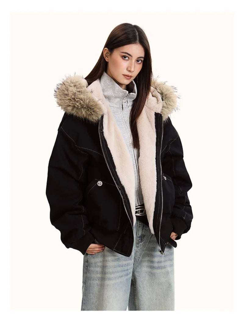 ZAROY Y2K Fur Collar Hooded Parka – Thick Padded Gothic Winter Jacket Streetwear for Men & Women