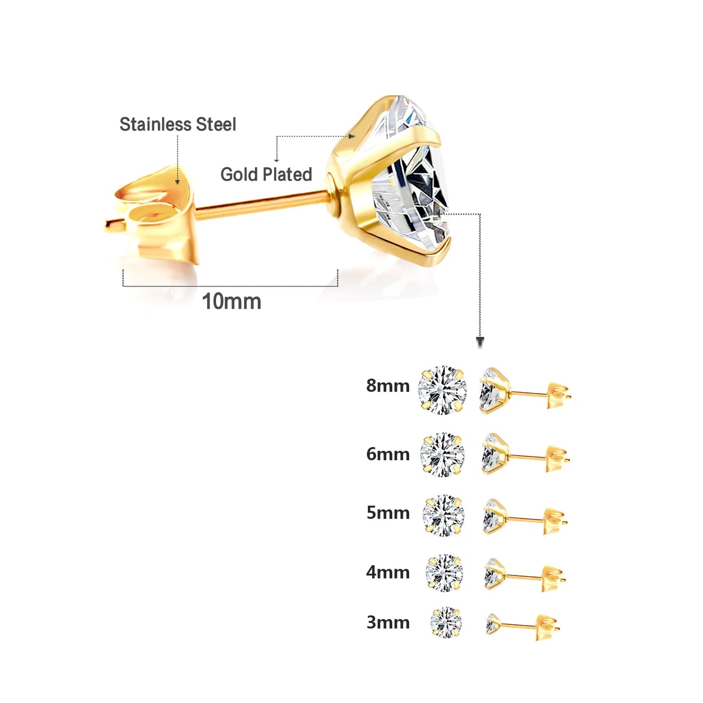 LUXUSTEEL Stainless Steel Crystal Stud Earrings – 4-Prong Cubic Zirconia Round Tragus Earrings for Women & Men