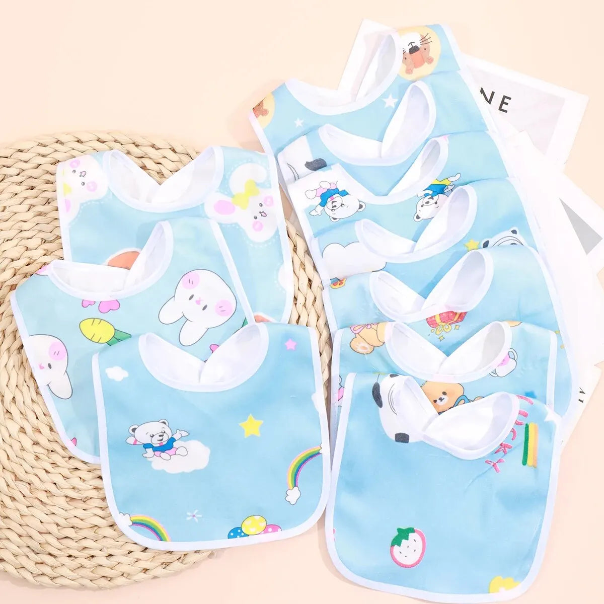5PCS Baby Cartoon Snap Bibs - Super Soft Waterproof Crystal Velvet Newborn Feeding & Saliva Towels
