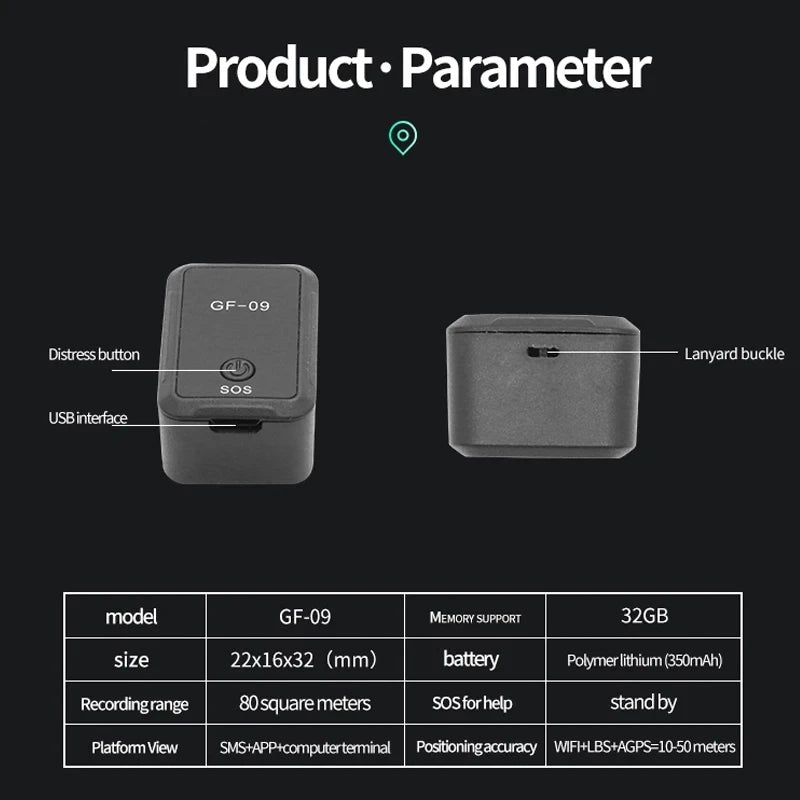 GF09 Mini GPS Tracker — Real-Time Car Locator with Voice Recording, Anti-Lost Positioner for Children, Pets & Dogs