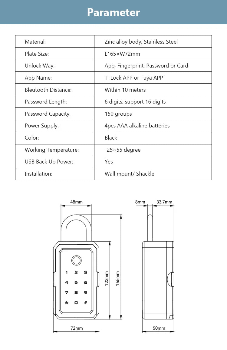 YRHAND TTLock Wifi Security Box – Smart Digital Fingerprint Lock with Password & Tuya App for Portable Protection