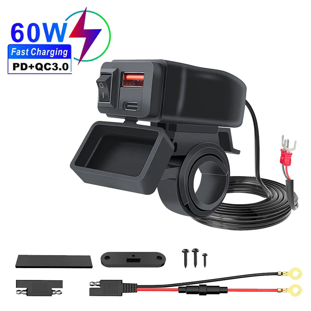 60W PD QC3.0 Motorcycle USB Fast Charger - Dual USB Handlebar Socket With Switch Voltmeter Waterproof 12V Power Adapter