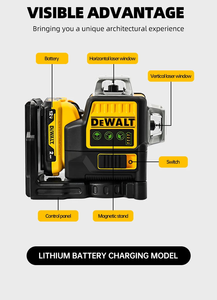 Dewalt DW089LG Laser Level – 12-Line 360° Vertical Laser with 12V Lithium Battery for Outdoor Use