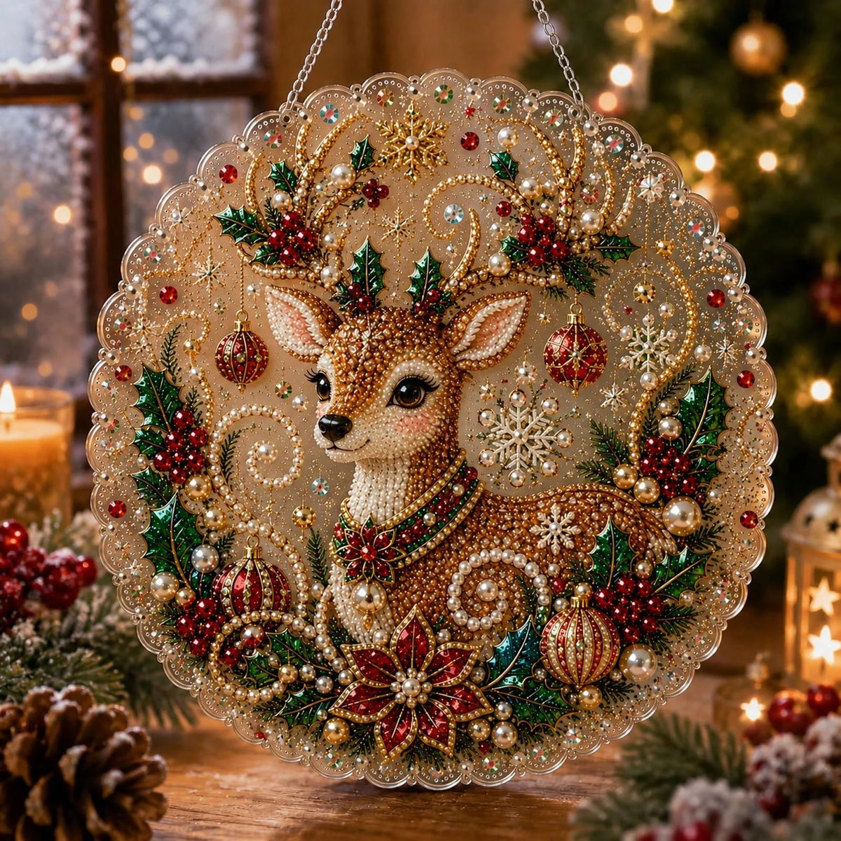 DIY Christmas Pearl Diamond Painting Pendant - Acrylic 2D Bead Craft for Holiday Window & Wall Decor