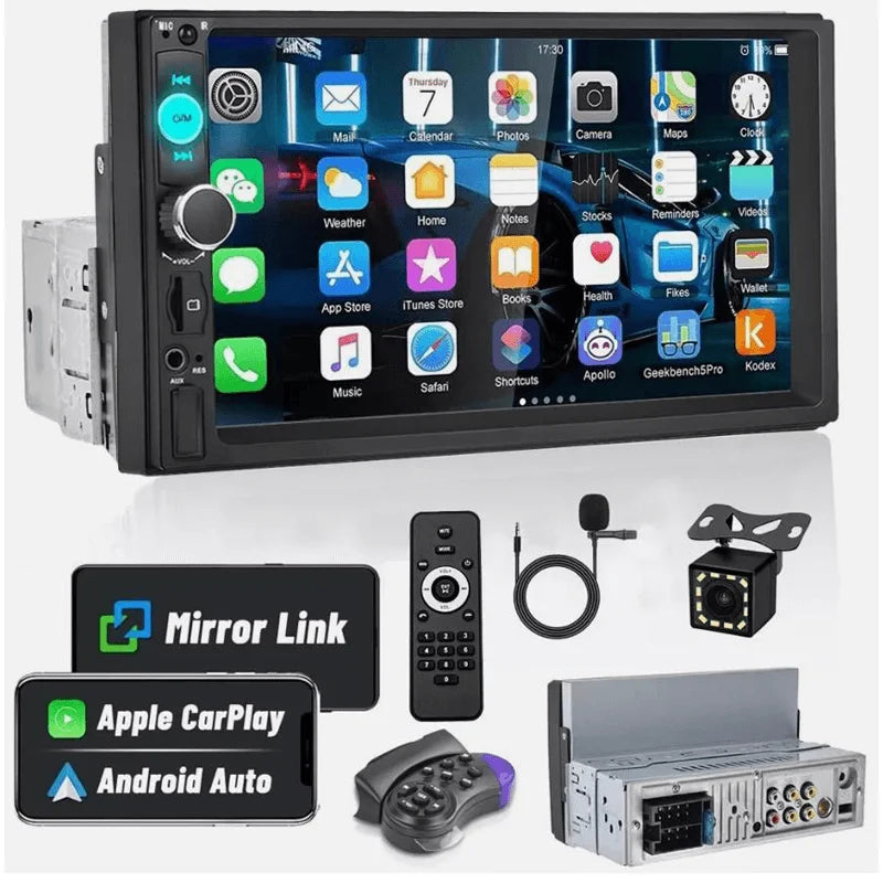 7-Inch 1DIN Touchscreen Car Stereo - Apple CarPlay, Android Auto, Bluetooth & Backup Camera Support