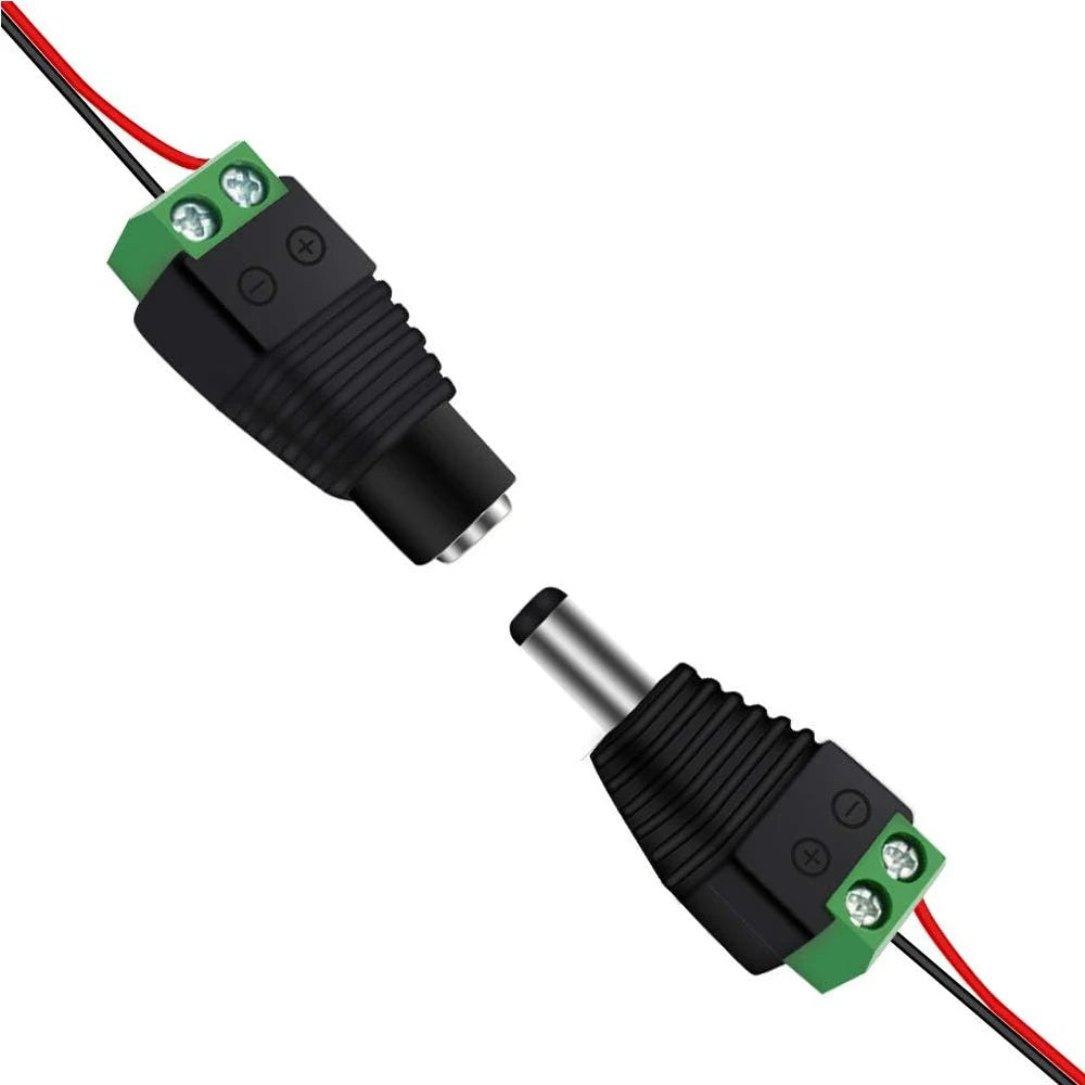 12V DC Power Jack Connectors - 2.1×5.5mm Male and Female Adapter Plugs for CCTV Cameras and LED Strip Lights, 10 Pairs
