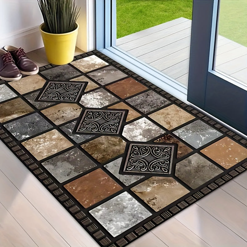 Welcome Home Non-Slip Door Mat β Crystal Velvet with Red Stone & Tile Design, Washable Polyester with Silicone Backing, Available in 19x31", 23.6x35.4", 31x47"