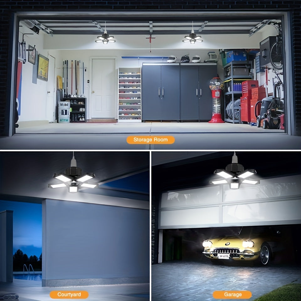 LED Garage Light Bulbs – 10,000LM Super Bright, Adjustable Panels, E26/E27 Screw Socket – Deformable Ceiling Light for Warehouse, Corridor, Stadium