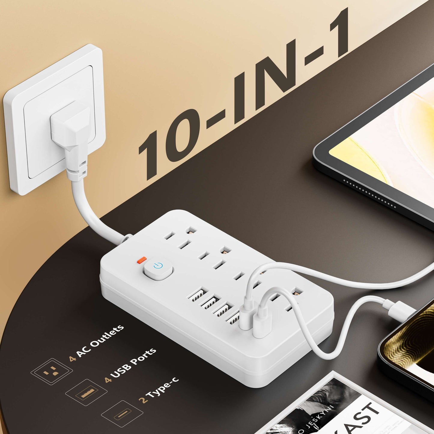 7 in 1 Wall Charger and Surge Protector – 4 Outlet Extender with 6 USB Ports (2 USB-C), Wall Mount Power Strip for Home, Travel and Office ( White and Black )