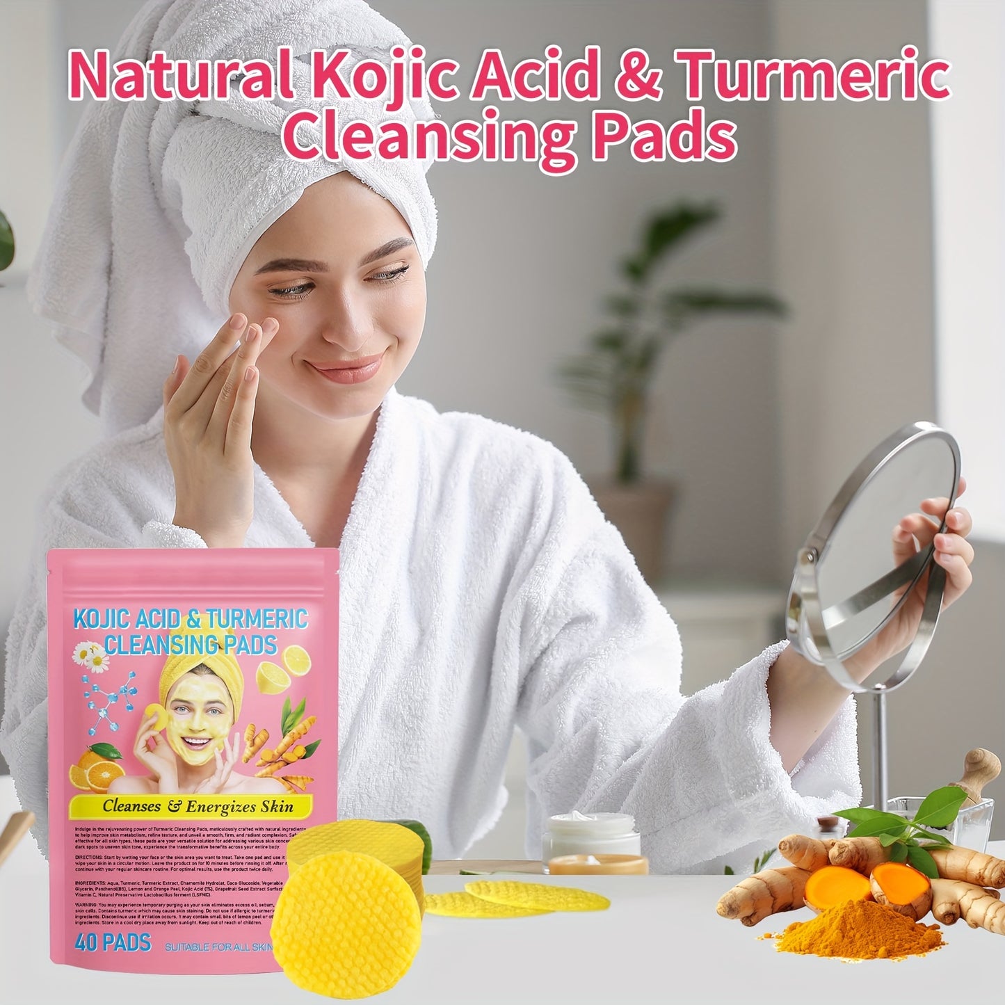 40 Pcs Natural Kojic Acid & Turmeric Cleansing Pads - Gentle, Non-Irritating, 100% Natural Ingredients | Deep Cleansing, Lemon Scented, Alcohol-Free, Suitable for All Skin Types and Genders