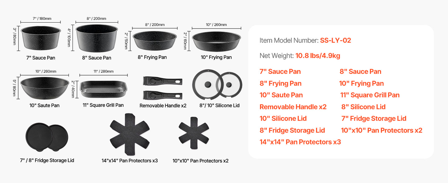 VEVOR 17-Piece Nonstick Granite Cookware Set – Induction Pots, Pans & Frying Tools for Kitchen