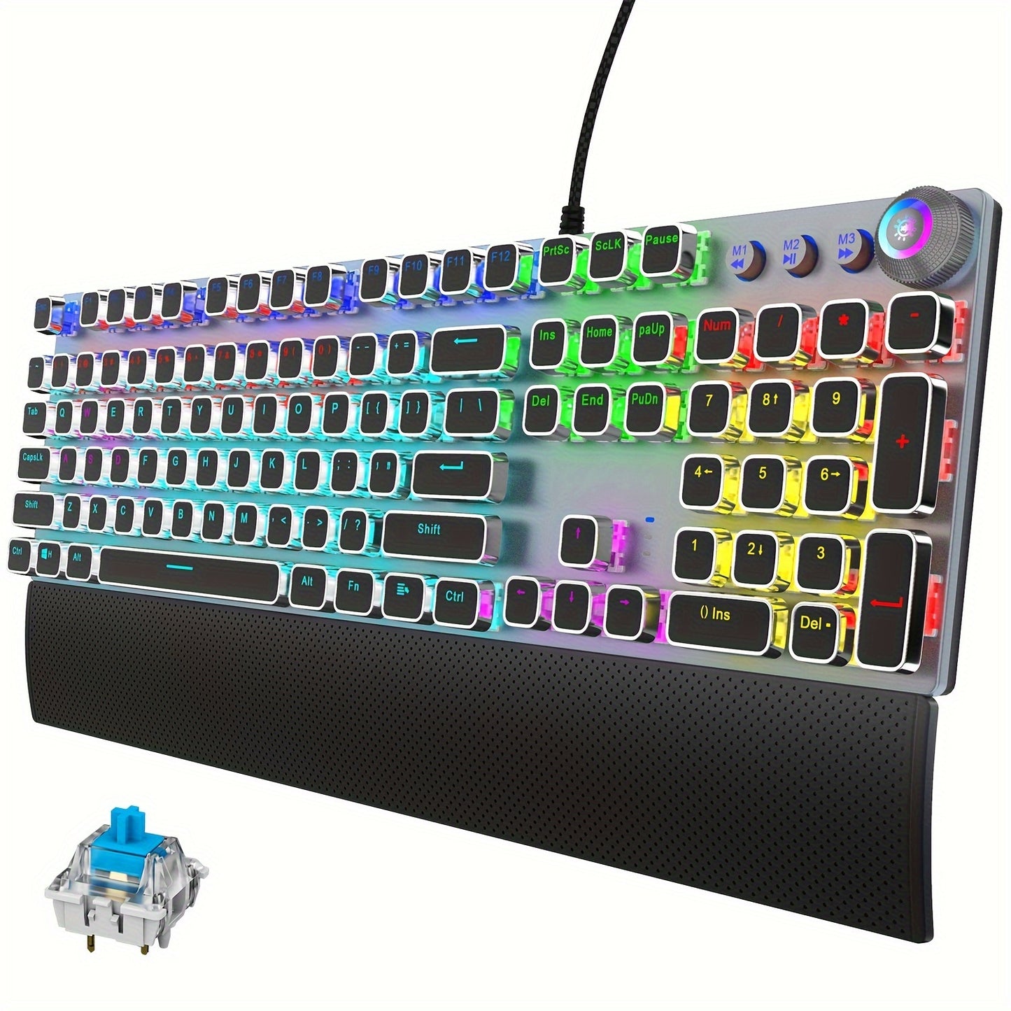 Mechanical Gaming Keyboard with LED Rainbow Backlit - 104 Anti-Ghosting Keys, Quick-Response Black Switches, Multimedia Controls, Removable Hand Rest for PC and Desktop Computers