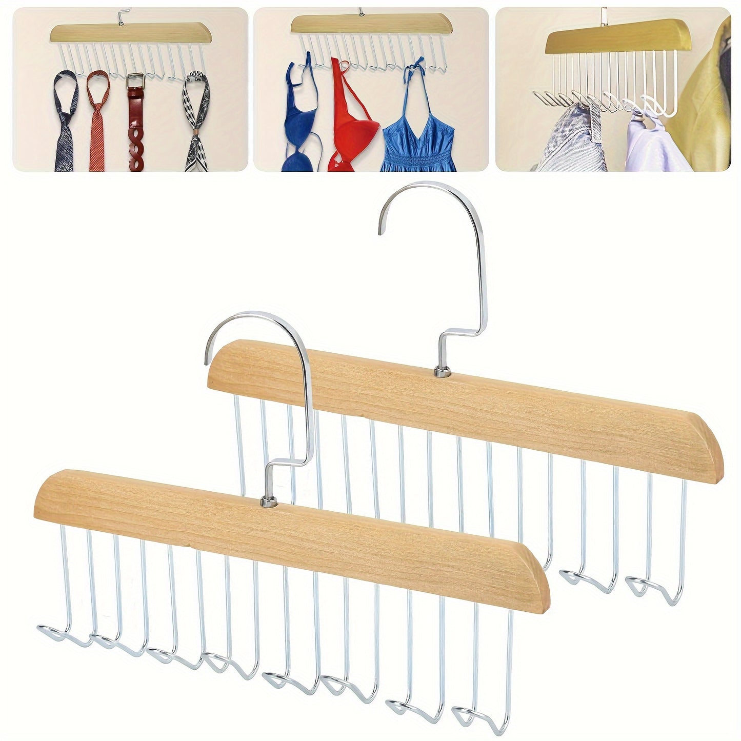 Bra Hanger for Closet – 3-Pack Tank Top Hanger with 8 Hooks, Space-Saving Wooden Organizer for Bras, Camisoles, Swimsuits & Dresses, 360° Rotating, Dorm & Apartment Storage