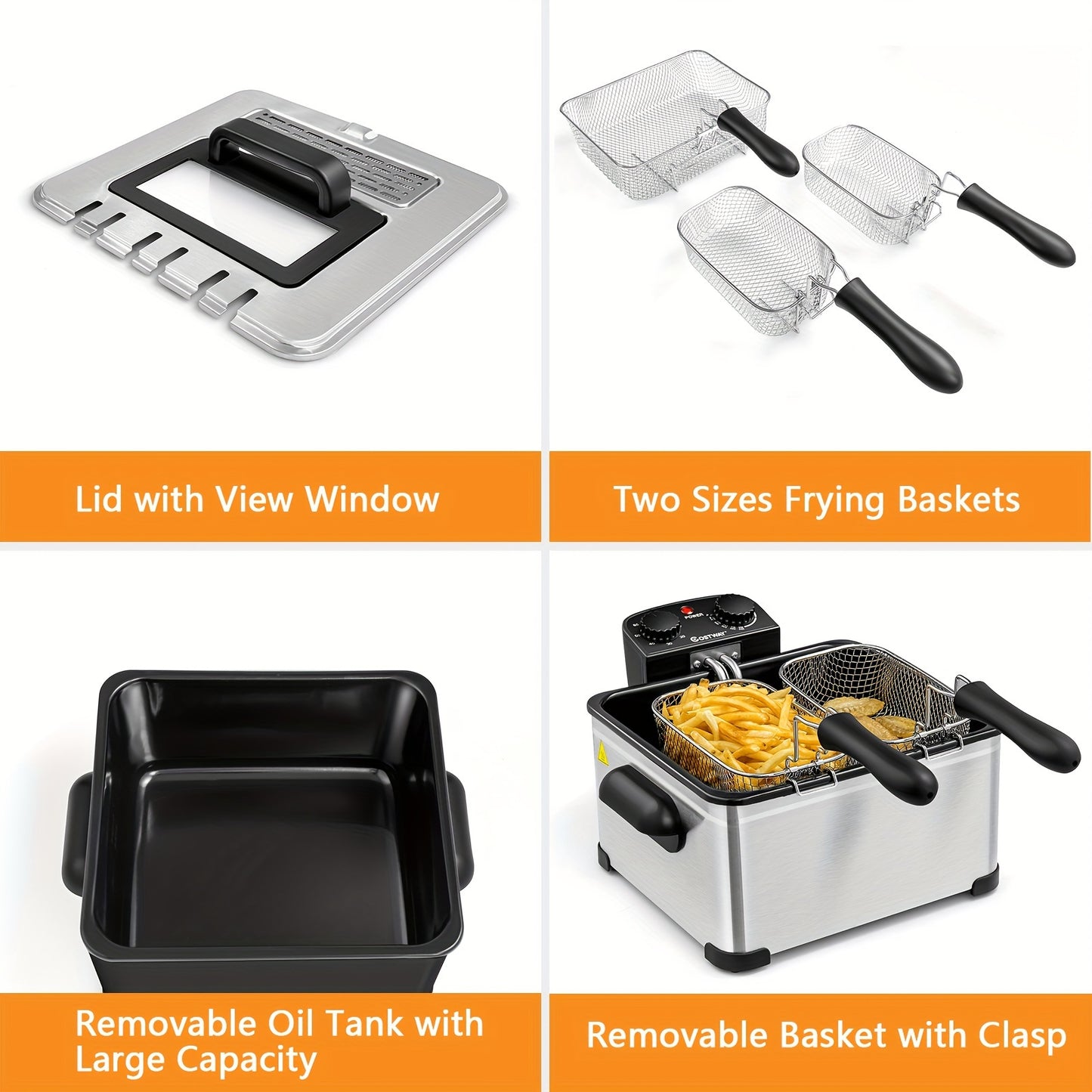 21-Cup Extra-Large Electric Deep Fryer - Stainless Steel Body, 1700W Power, Triple Basket for Easy Frying, Cooking, and Serving