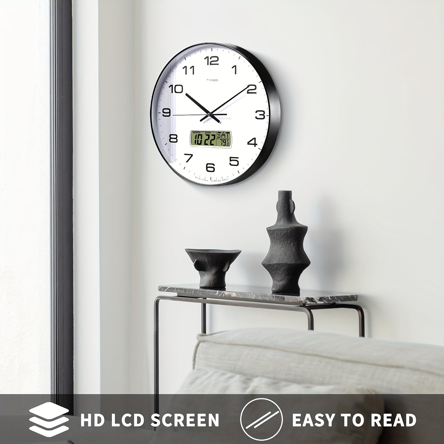 TIMESS Calendar Display Analog Wall Clock β 10/12/14 inch Silent 4-Color Large Dial with Perpetual Calendar & Fahrenheit Temperature, for Bedroom, Office, School Decor
