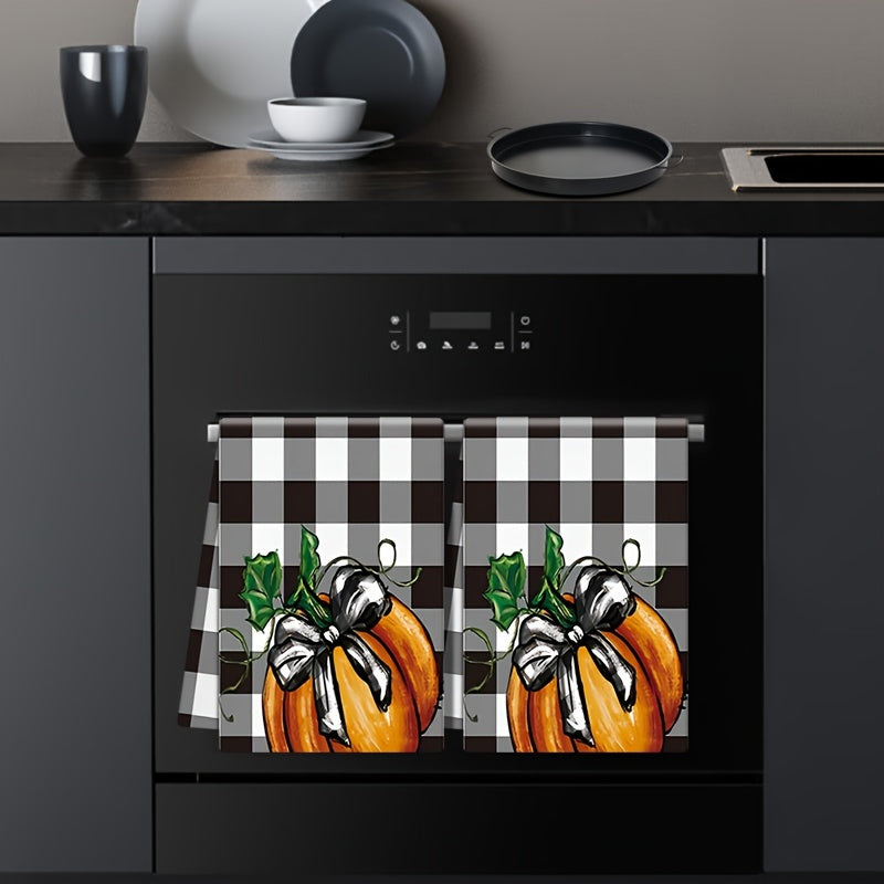 2PCS Vintage Pumpkin Kitchen Towels - Plaid Polyester Dish Cloths for Thanksgiving and Halloween, Machine Washable