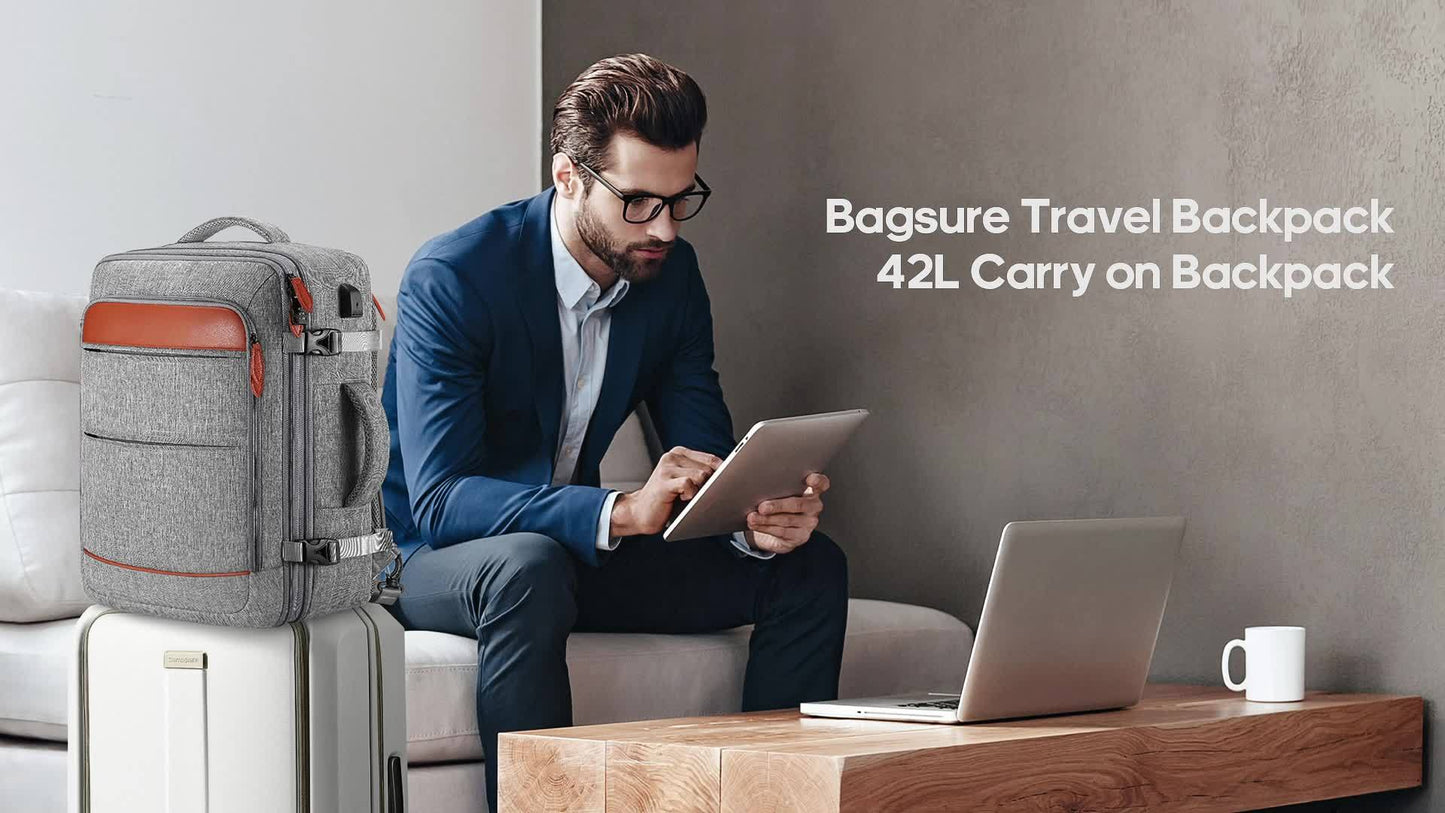 Bagsure 42L Travel Backpack – Flight Approved Expandable Carry-On, Laptop Backpack with Hidden Shoulder Straps, Weekender Bag, Includes Packing Cubes and Shoe Pocket