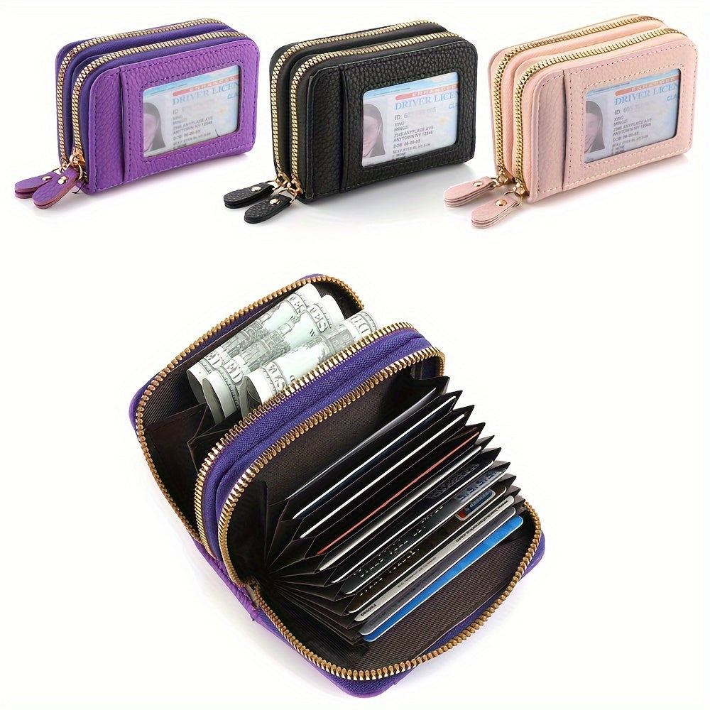 DEABOLAR Compact Dual Zipper Wallet - Large Capacity with Clear ID Window and Coin Purse, Black Faux Leather for Men and Women