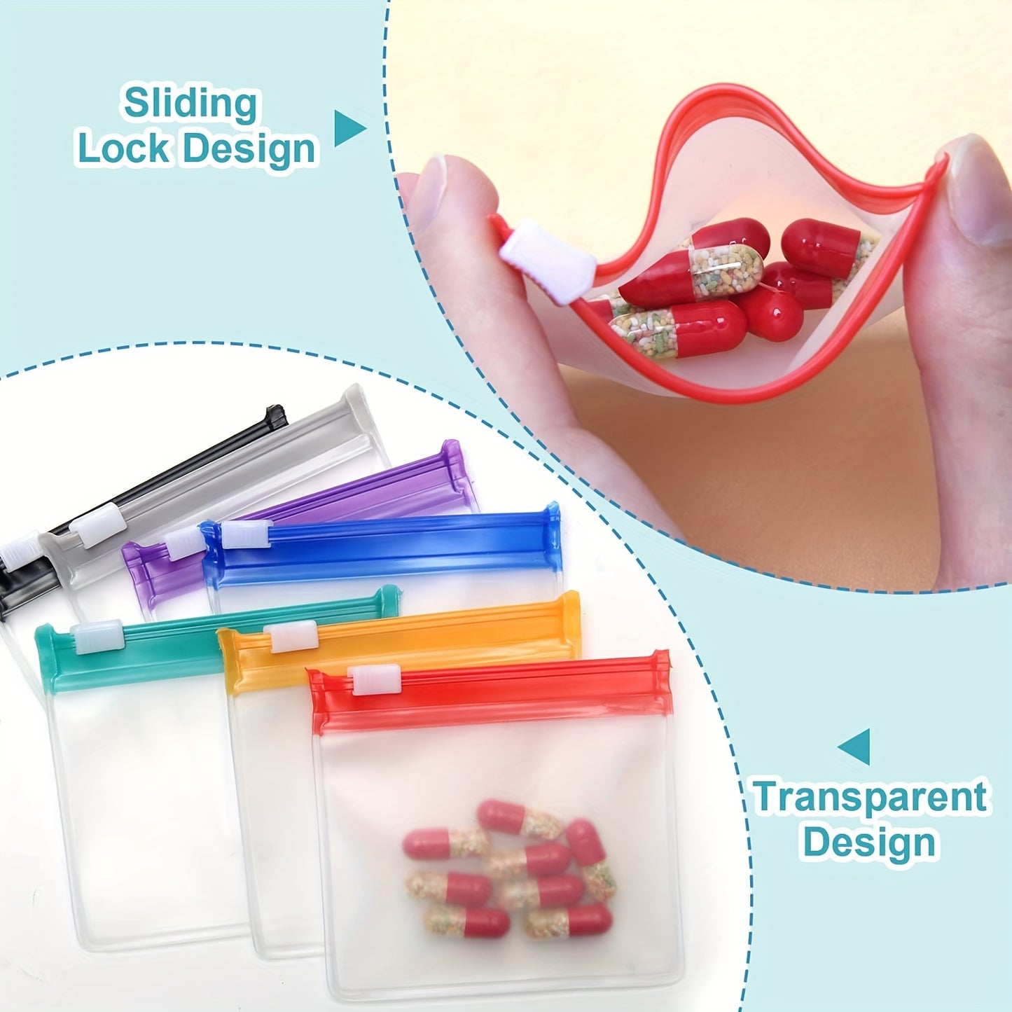 7pcs Reusable Zippered Pill Pouch Set - Translucent Medicine Organizer Bags in 7 Colors with Slide Lock for Travel