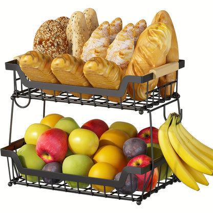 2 Tier Countertop Fruit Basket with 2 Banana Hangers - Detachable Metal Organizer for Bread, Vegetables & Fruits, Large Capacity Rectangular Storage Stand with Wooden Handle, Black