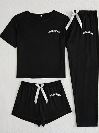 Women's 3-Piece Pajama Set – Simple Short Sleeve Sleepwear with 'WEEKEND' Print, Comfy Casual Loungewear