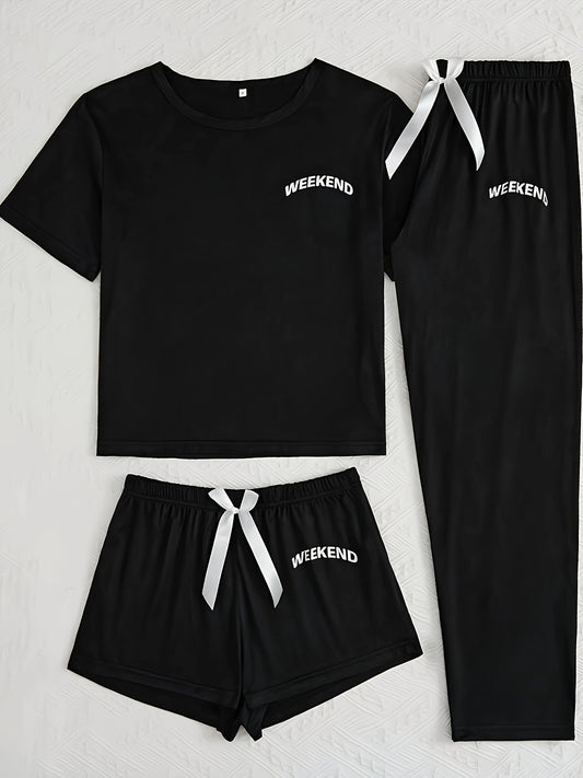 Women's 3-Piece Pajama Set – Simple Short Sleeve Sleepwear with 'WEEKEND' Print, Comfy Casual Loungewear
