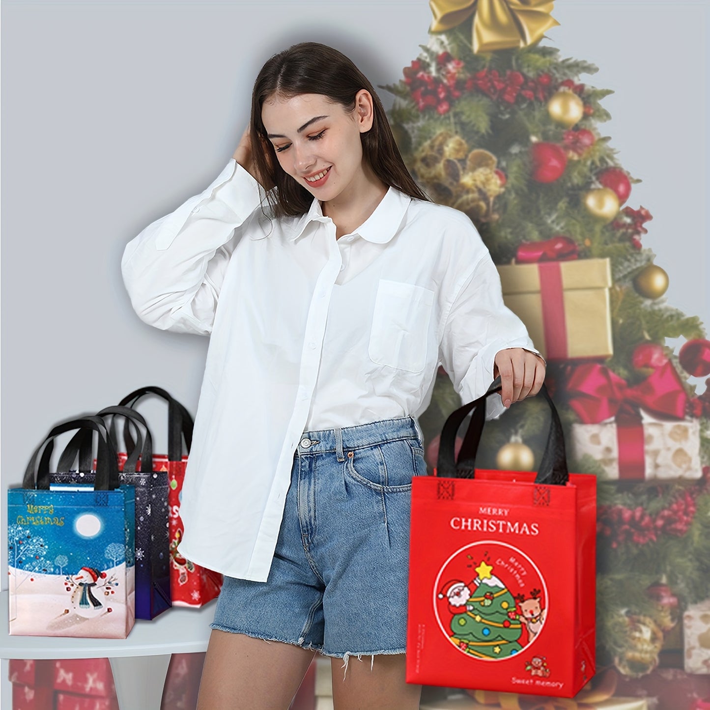 18 Pack Christmas Gift Bags with Handles – Reusable Woven Tote Bags, Waterproof & Foldable, Perfect for Holiday Party Supplies & Decorations